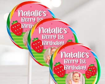 Custom Strawberry Stickers | Girls Berry First Birthday Party Favors Labels | Personalized Round Tags