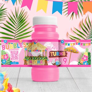 Hawaiian Luau Bubble Bottle Labels – Personalized Aloha Party Favors for Girls – Tropical Tiki Birthday Favor Stickers