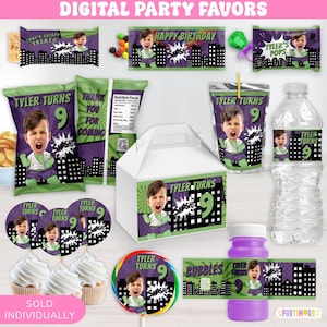 Digital personalisierte grün lila Superheld Gastgeschenke | Cartoon Smash Geburtstagsthema | Druckbare Partydekoration | EINZELN VERKAUFT
