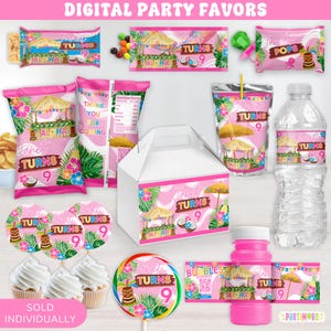 Forniture per bomboniere digitali personalizzate per feste in piscina a tema hawaiano Luau per bambine / Cocco, ananas, Tiki / Topper, etichette, sacchetti / VENDUTI SINGOLARMENTE