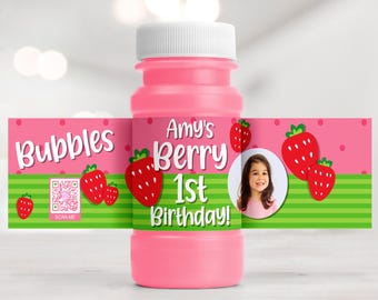 Personalized Strawberry Bubble Labels | Berry First Birthday Party Favors | Sweet One Stickers | Girls Strawberry Bash