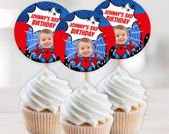 Personalized Spider Birthday Cupcake Toppers | Red & Blue Party Decorations | City Skyline Cake Picks | Kids Party Supplies