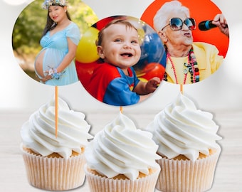 Custom Photo Cupcake Toppers – Personalized Round Party Decor with Picture, Baby Shower Birthday Wedding Bachelorette Cake Toppers Favors
