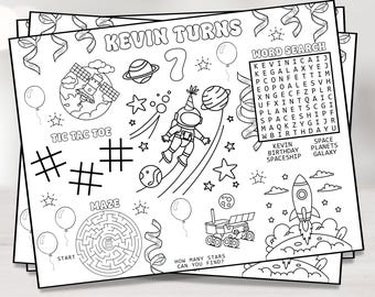 May include: Black and white digital placemats with space-themed illustrations, including an astronaut, planets, a rocket, and a word search puzzle. Text includes "KEVIN TURNS" and "TIC TAC TOE".