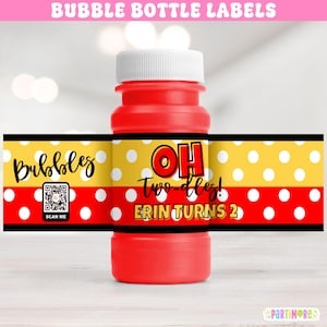 May include: Red bubble bottle with a white cap and a custom label. The label features the text "Bubbles", "OH Two-dles!", and "ERIN TURNS 2" in a playful font, with a QR code and polka dot design.