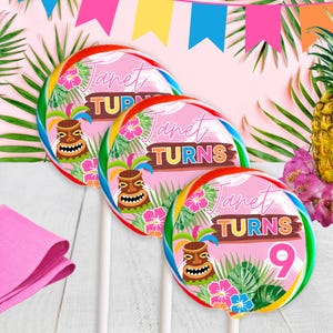 Custom Hawaiian Luau Lollipop Stickers – Personalized Candy Labels for Girls’ Birthday Party – Aloha Tropical Tiki Hut Theme Favors