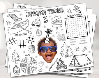Camping Birthday Coloring Placemat | Outdoor Adventure Printable Mat | Personalized Kids Party Activity
