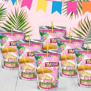 Personalized Hawaiian Luau Juice Pouch Labels – Custom Tropical Drink Pouch Stickers – Aloha Birthday Party Favors – Fits Most Standard Juice Pouches – Tiki Hut Theme Decorations