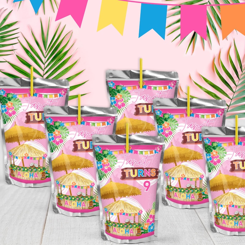Personalized Hawaiian Luau Juice Pouch Labels – Custom Tropical Drink Pouch Stickers – Aloha Birthday Party Favors – Fits Most Standard Juice Pouches – Tiki Hut Theme Decorations