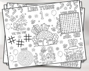 Personalized Butterfly Coloring Placemat – Summer Garden Birthday Activity Sheet | Digital Download