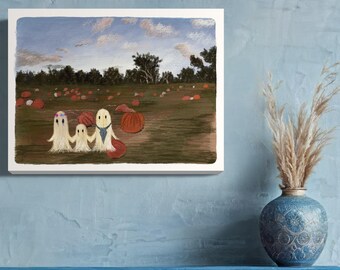 Three cute ghosts in a pumpkin patch | Halloween art print | kids room Art print | Digital Downloads | Spooky wall art | Handmade made print