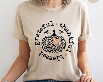 Leopard Pumpkin Thanksgiving Shirt, Grateful Thankful Blessed Fall Tee