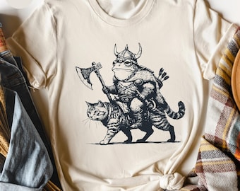 Funny Frog Meme T-Shirt, Viking Frog Riding Cat Shirt, Fantasy Animal Graphic Tee
