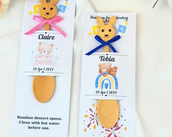 Recuerdos de baby shower con cuchara de bambú personalizada: invitación de cumpleaños