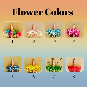 Puede incluir: La imagen muestra ocho l&aacute;pices, cada uno adornado con flores secas de diferentes colores, presentados en marcos rectangulares individuales. El t&iacute;tulo "Flower Colors" est&aacute; en la parte superior. Las flores son de varios colores, incluyendo rojo, rosa, azul, amarillo y blanco.