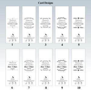 May include: A collection of ten white wedding favor cards with various black floral and botanical designs. Each card features the text "Thank you for celebrating with us Oliver & Claire 20 April 2024".