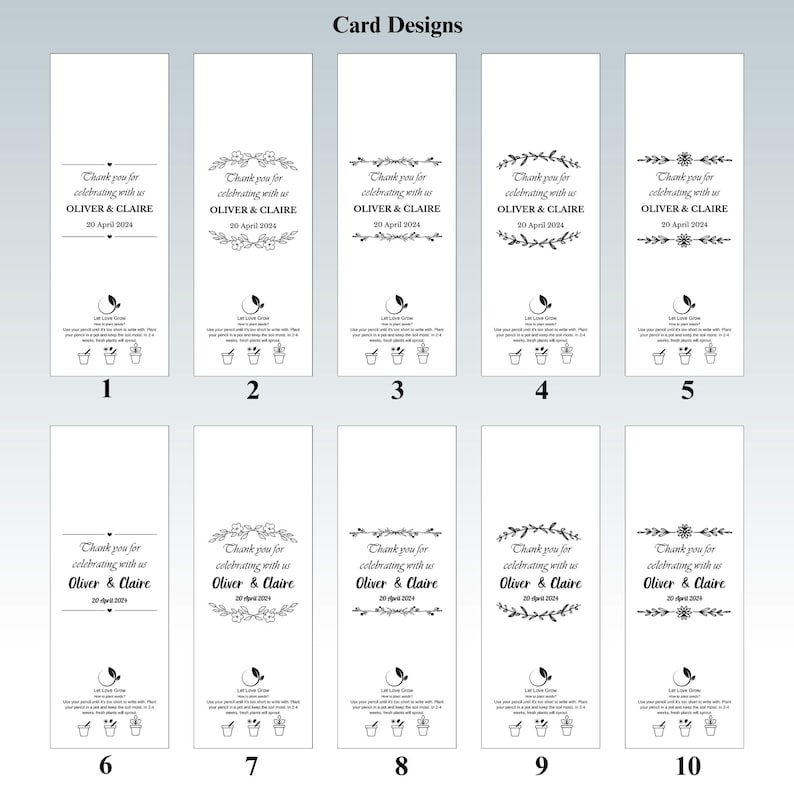 May include: A collection of ten white wedding favor cards with various black floral and botanical designs. Each card features the text "Thank you for celebrating with us Oliver & Claire 20 April 2024".