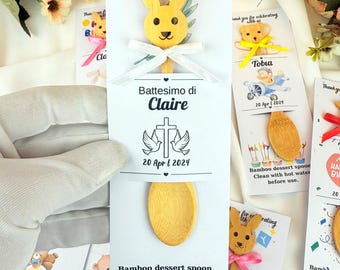 Recuerdos de baby shower con cuchara de bambú personalizada: oso, conejo, pato y estrella