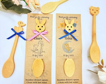 Tarjetas de fiesta personalizadas: cucharas de bambú, regalos para baby shower, bautizo y cumpleaños