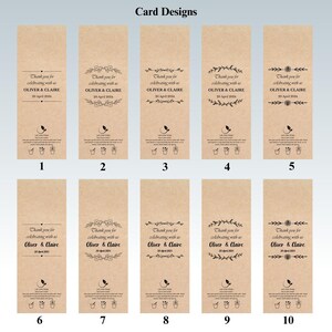 May include: Ten different designs of kraft paper cards with black text and floral or geometric embellishments. Each card reads "Thank you for celebrating with us Oliver & Claire 20 April 2024" and includes a small plant graphic.