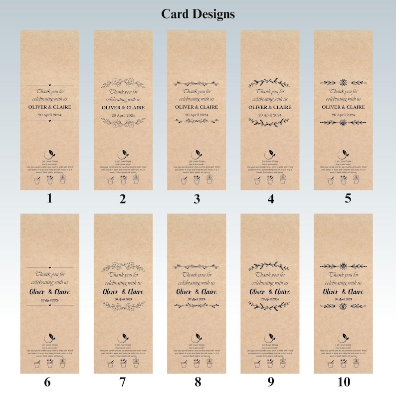 May include: Ten different designs of kraft paper cards with black text and floral or geometric embellishments. Each card reads "Thank you for celebrating with us Oliver & Claire 20 April 2024" and includes a small plant graphic.