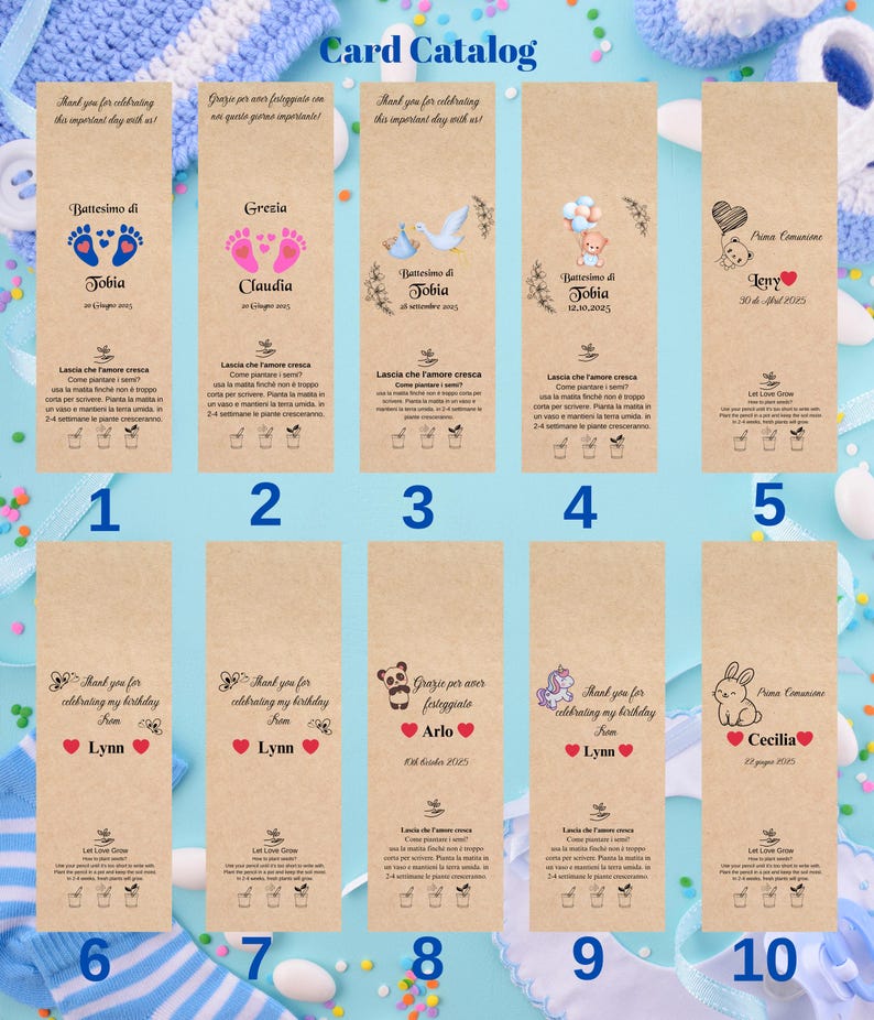 Puede incluir: Un cat&aacute;logo de tarjetas con dise&ntilde;os para bautizos, cumplea&ntilde;os y primeras comuniones. Las tarjetas rectangulares tienen fondos marrones y presentan texto, ilustraciones y fechas. El texto incluye frases como "Gracias por celebrar" y nombres como "Tobia" y "Lynn."