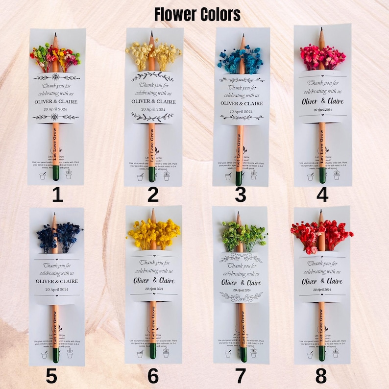 May include: A collection of eight pencils with attached floral arrangements in various colors. Each pencil is packaged with a card that reads "Thank you for celebrating with us Oliver & Claire 20 April 2024" and "Let Love Grow."
