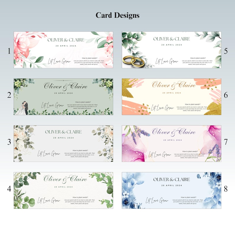 May include: Eight different card designs for a wedding. The cards feature floral designs in various colors, including pink, blue, green, and gold. The text on the cards reads "Oliver & Claire" and "Let Love Grow".