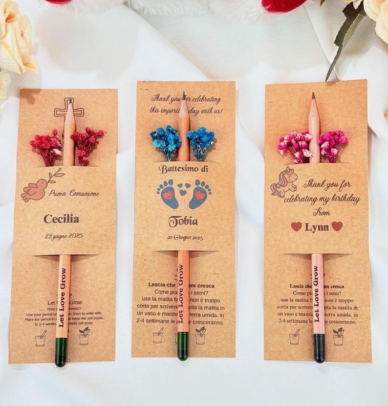Recuerdos de fiesta ecológicos con tarjeta personalizada, tarjetas personalizadas para fiestas infantiles - lápiz de semillas imagen 1