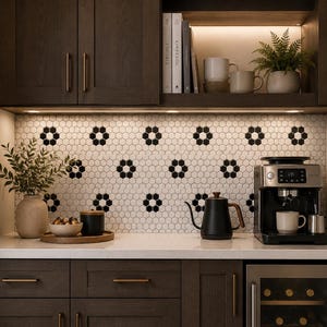 May include: A modern coffee station with dark wood cabinetry, a white countertop, and a decorative backsplash. The station includes a coffee maker, a black kettle, and a small wine fridge. A vase with greenery and a tray with a bowl are also present.
