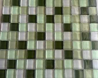 Light green Mix Glossy Glass Mosaic 1"x1" Stacked Mesh Mounted
