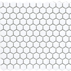 May include: White hexagonal ceramic tiles arranged in a repeating pattern. The tiles are small and have a glossy finish.