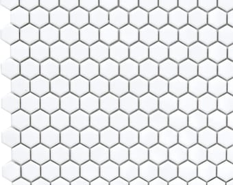 1” hex White Matte Porcelain Mosaic Meshed in 12”x10” sheet