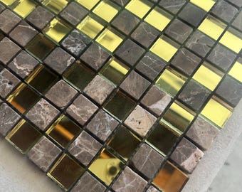 Brown marble and gold mirror glass tile mixed mosaic 1x1 inch square wall tile