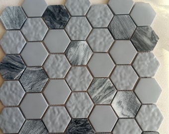 Gray marble and glass mixed glossy matte an textured mosaic 12x12 inch sheet kitchen backsplash