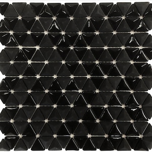 May include: Black triangular mosaic tiles arranged in a geometric pattern. The tiles have a glossy finish.
