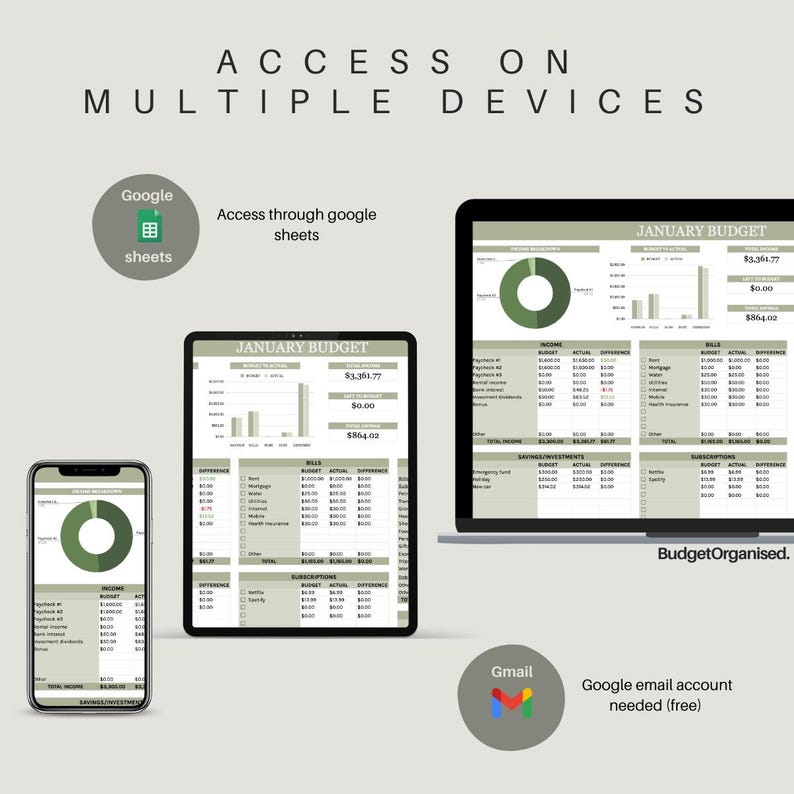 May include: A screenshot showing a budget spreadsheet on a laptop, tablet, and phone. The spreadsheet is titled "January Budget" and includes sections for income, bills, savings, and subscriptions. The text "BudgetOrganised." is in the bottom right corner of the image. The text "Access on Multiple Devices" is at the top of the image. The text "Google sheets" is in a green box with a spreadsheet icon. The text "Gmail" is in a green box with a Gmail icon. The text "Access through google sheets" is below the Google sheets icon. The text "Google email account needed (free)" is below the Gmail icon.