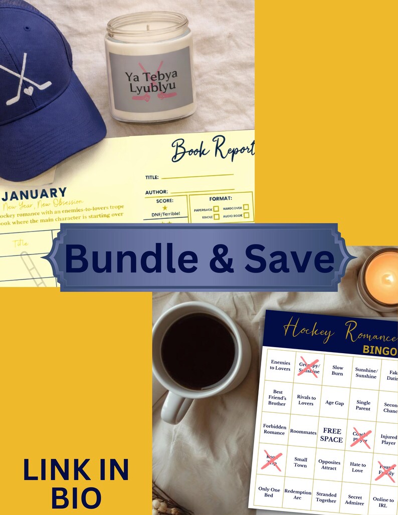 Puede incluir: Un conjunto de art&iacute;culos que incluyen una gorra de b&eacute;isbol azul con gr&aacute;ficos de palos de hockey, una vela con texto, un informe de libro, una taza de caf&eacute; y una tarjeta de bingo de romance de hockey. Se muestra el texto "Bundle & Save".