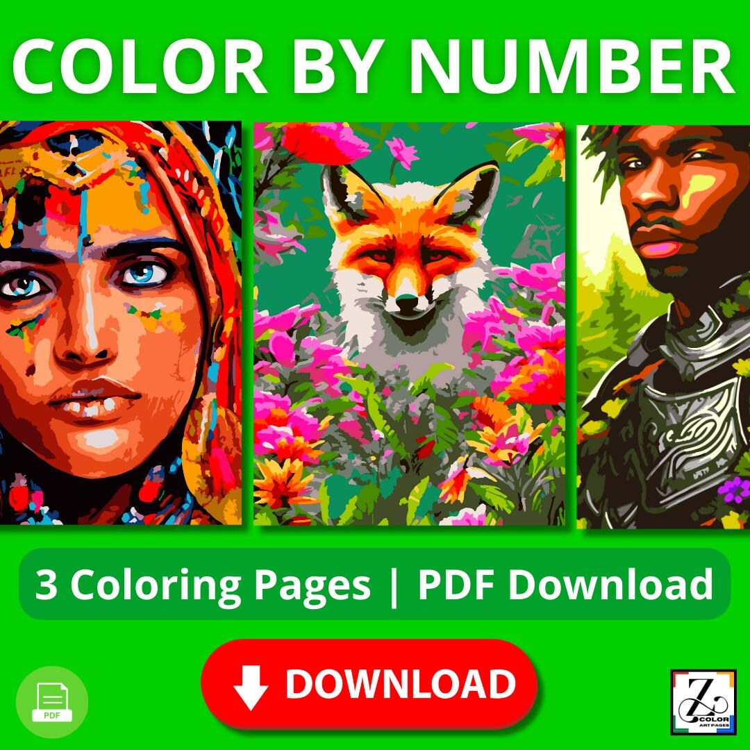 Color by Number Coloring Book – 3 Printable Pages | Paint by Number PDF ...