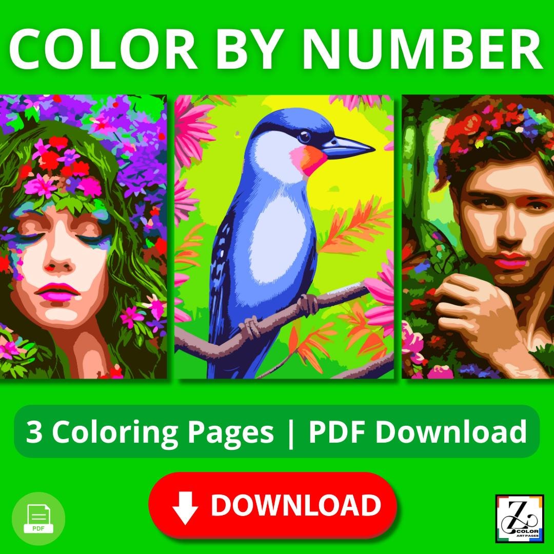 Color by Number Coloring Book – 3 Printable Pages | Paint by Number PDF ...