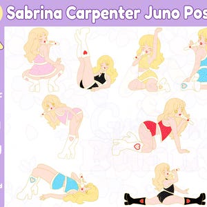 May include: A digital download set featuring 8 illustrations of a blonde character in various poses, labelled 8 Sabrina Carpenter Juno Poses. The character wears colourful outfits with heart accents and holds a microphone. Includes .pdf, .svg, and .png file formats.
