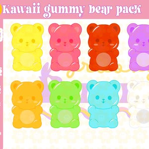 Puede incluir: Un conjunto de ocho ilustraciones de ositos de gominola kawaii en varios colores, incluyendo amarillo, rosa, rojo, morado, verde, azul y blanco. Los osos est&aacute;n todos en un estilo de dibujos animados con ojos grandes y caras sonrientes. El texto "8 Kawaii Gummy Bear Pack" est&aacute; en la parte superior de la imagen.