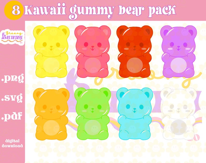 Puede incluir: Un conjunto de ocho ilustraciones de ositos de gominola kawaii en varios colores, incluyendo amarillo, rosa, rojo, morado, verde, azul y blanco. Los osos est&aacute;n todos en un estilo de dibujos animados con ojos grandes y caras sonrientes. El texto "8 Kawaii Gummy Bear Pack" est&aacute; en la parte superior de la imagen.