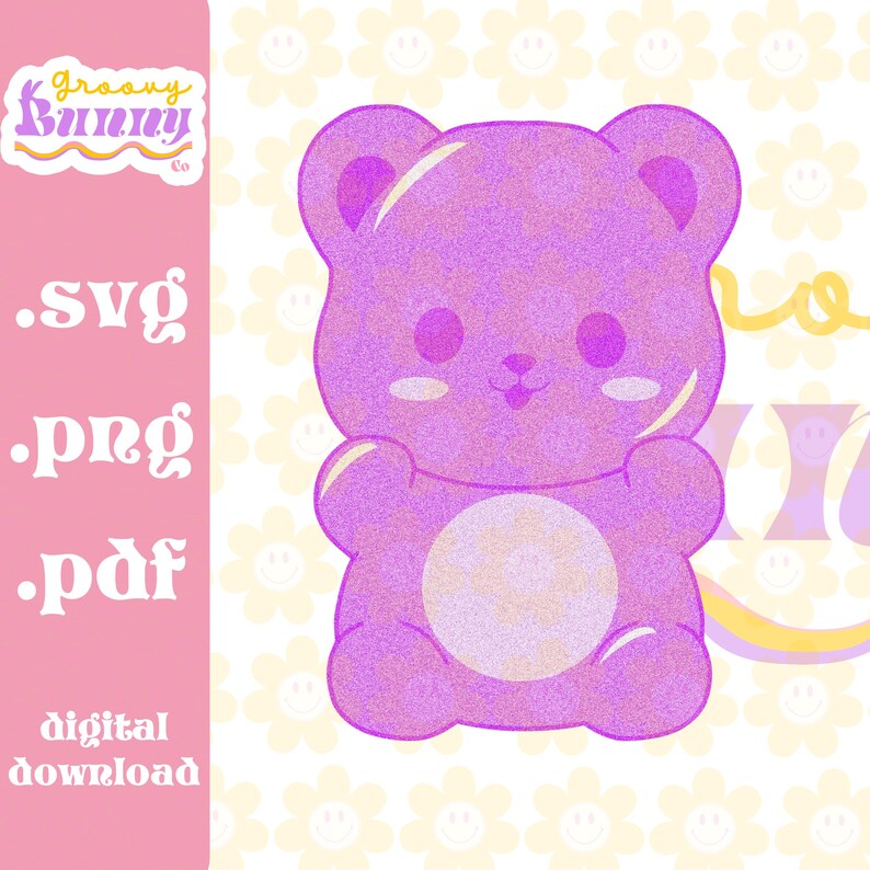 Puede incluir: Un oso de gominola morado con una cara sonriente, rodeado de flores amarillas con caras sonrientes. El oso es una descarga digital disponible en formatos SVG, PNG y PDF.