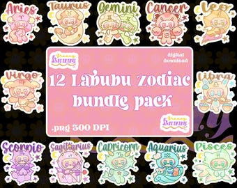 Paquete de 12 imágenes PNG del zodiaco Labubu (descarga digital)