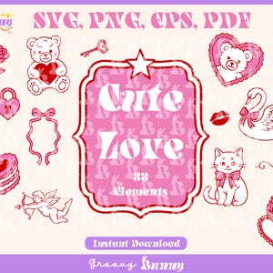 May include: A set of 88 cute love themed digital clipart elements in pink and red. The clipart includes a heart-shaped lock, a key, a swan, a cat, a teddy bear, a cupid, a heart with flames, and a banner that says "Cute Love".