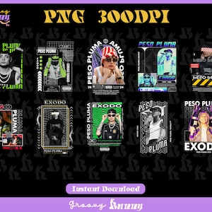 May include: A digital art print featuring multiple designs with the text "PESO PLUMA" and "EXODO". The designs showcase portraits of a person wearing sunglasses and hats, with various graphic elements and text overlays. The background is black with a purple border.