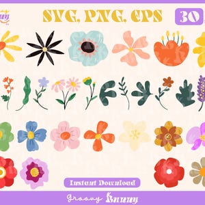 May include: A set of 30 floral illustrations in SVG, PNG, and EPS formats. The illustrations feature a variety of flowers, leaves, and other botanical elements in a retro style. The colors are bright and cheerful, and the designs are perfect for adding a touch of whimsy to any project.