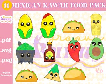 Mexican Kawaii Food SVG PNG PDF, Clipart Bundle (Digital Download)