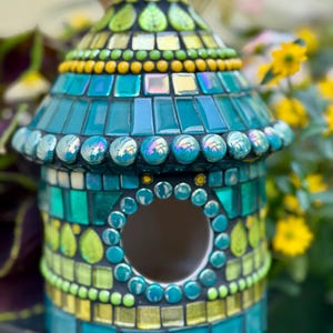 Round Mosaic Birdhouse: Spring Tide, Teal & Lime Green